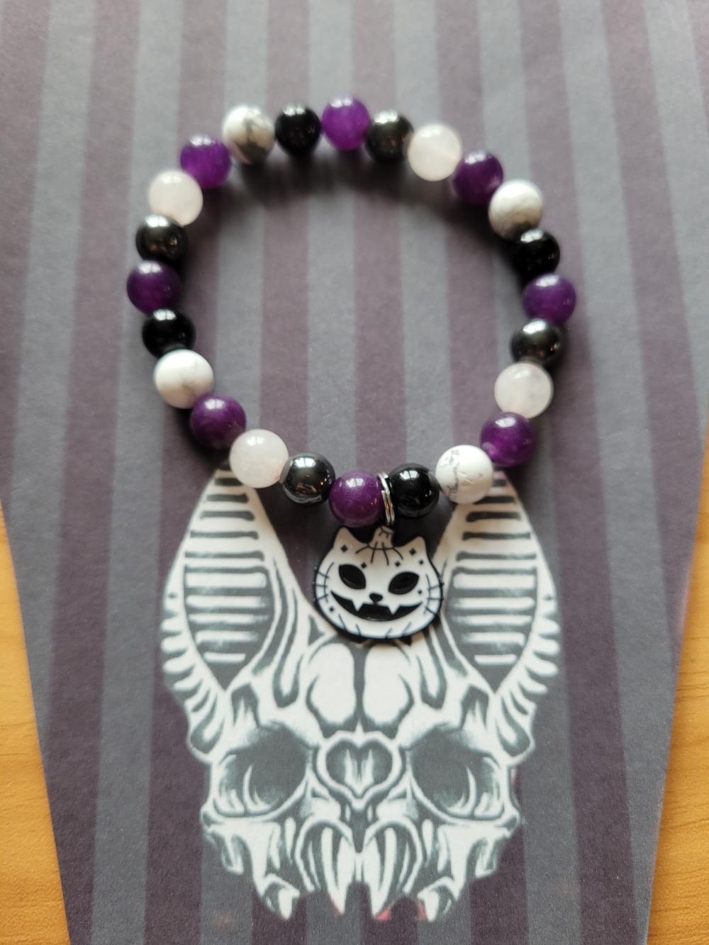 💀NEW💀 Natural Stone  Beaded Bracelet with Cat Charm